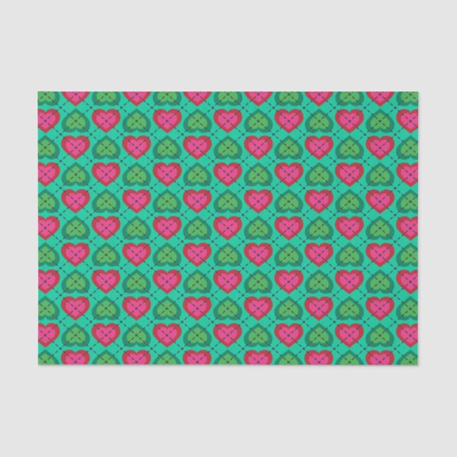 Papier Mousseline Motif Jacquard Hot Rose et Green Hearts (Recto)
