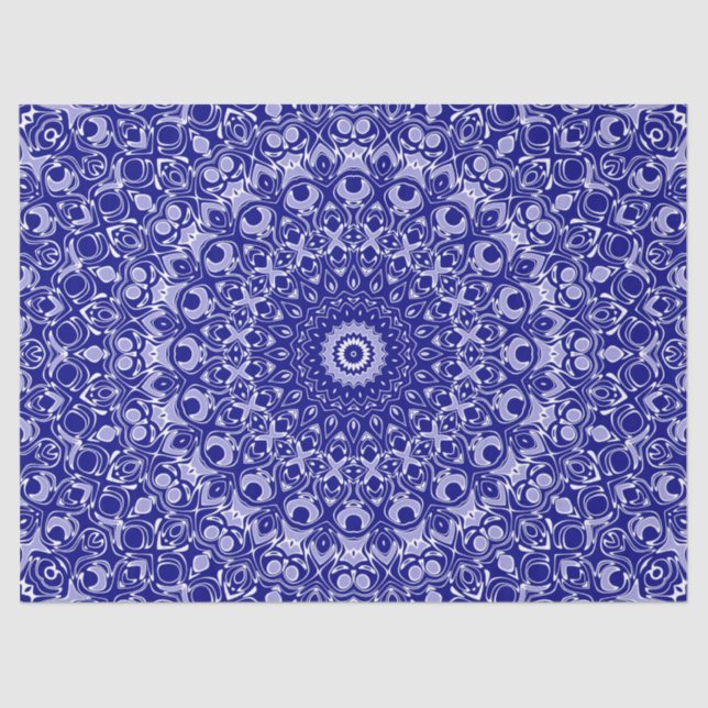 Papier Mousseline Motif Mandala bleu et blanc de minuit (Recto)