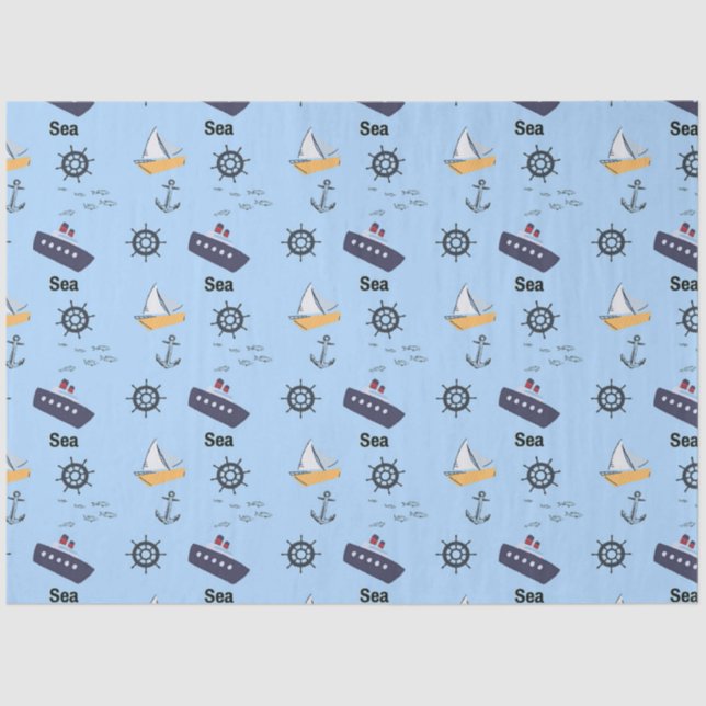 Papier Mousseline Motif maritime sur bleu (Recto)