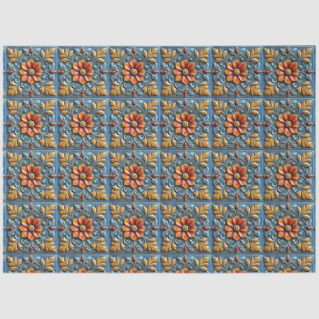 Papier Mousseline Motif mexicain Floral Orange Blue Tile (Recto)