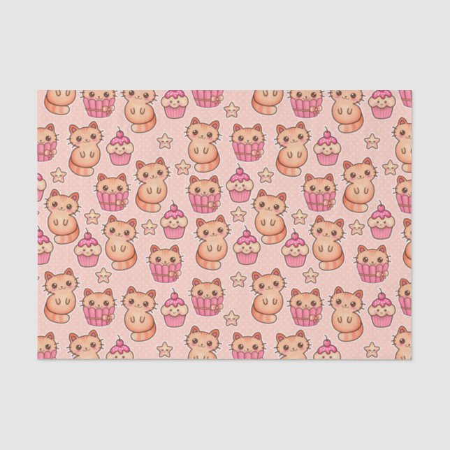 Papier Mousseline Motif mignon de rose de chats et de petits gâteaux (Recto)