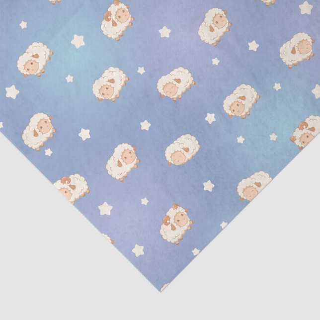 Papier Mousseline Motif mignon petit mouton sur bleu (Détail)
