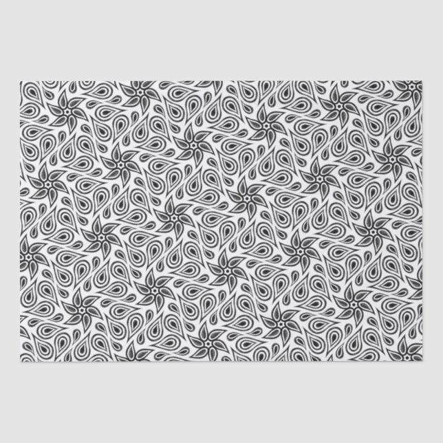 Papier Mousseline Motif moderne Paisley Cool noir et blanc Floral (Recto)