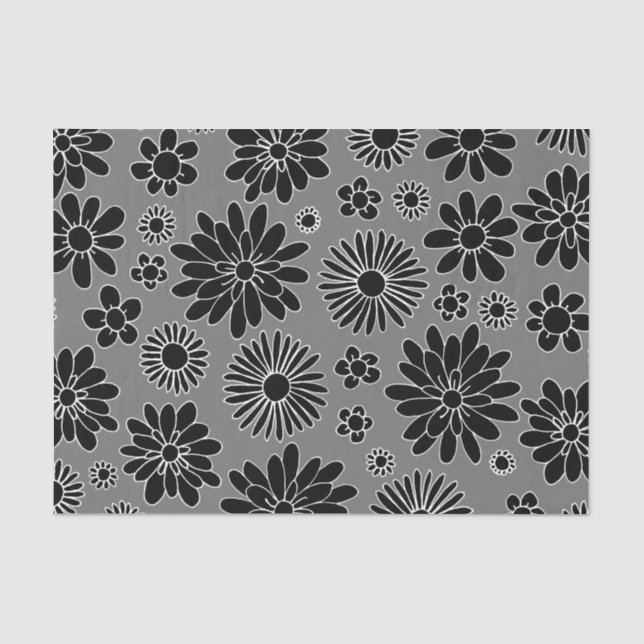 Papier Mousseline Motif noir de marguerite et gris floral (Recto)