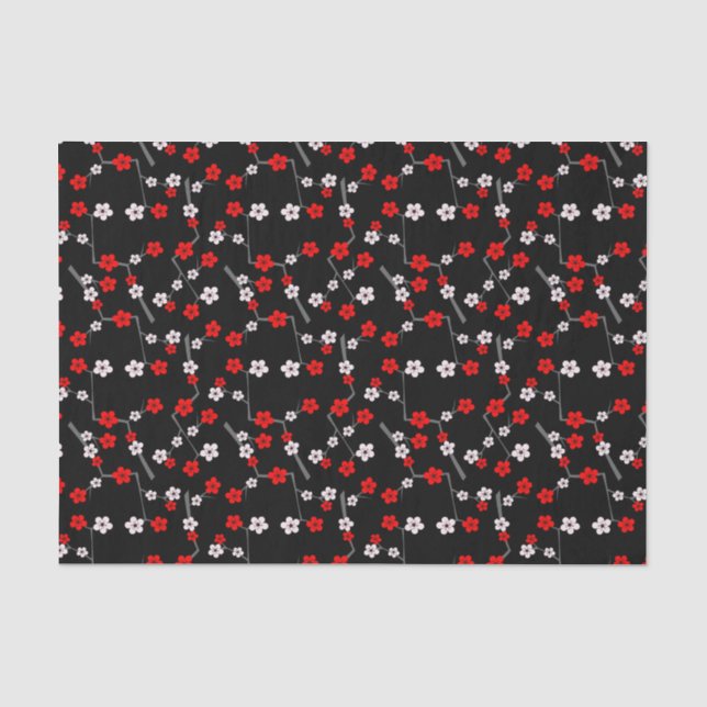 Papier Mousseline Motif noir et rouge de fleurs de cerisier (Recto)