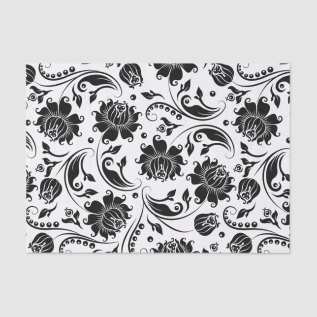 Papier Mousseline Motif noir Floral Damques Arrière - plan blanc (Recto)