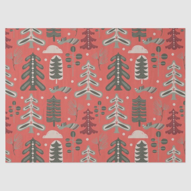Papier Mousseline Motif Nordic Green et White Tree en rouge (Recto)