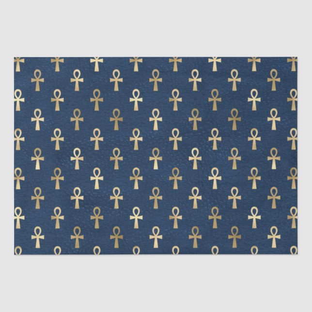 Papier Mousseline Motif or et bleu égyptien Ankh (Recto)