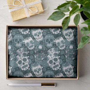 Papier Mousseline motif ornemental floral crâne en sucre bleu rétro