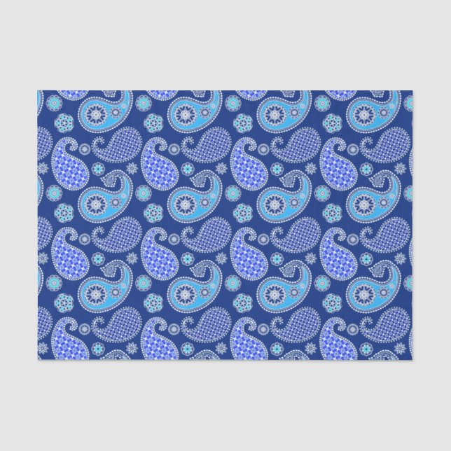 Papier Mousseline Motif Paisley, bleu cobalt et blanc (Recto)