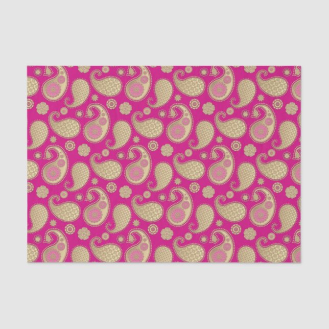 Papier Mousseline motif Paisley, or tendre sur rose Fuchsia profond (Recto)