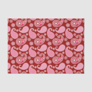Papier Mousseline Motif Paisley, rouge foncé, rose et blanc