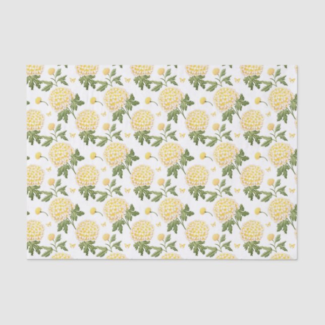 Papier Mousseline Motif Papillons Fleuris Hydrangea Jaune Élégant (Recto)