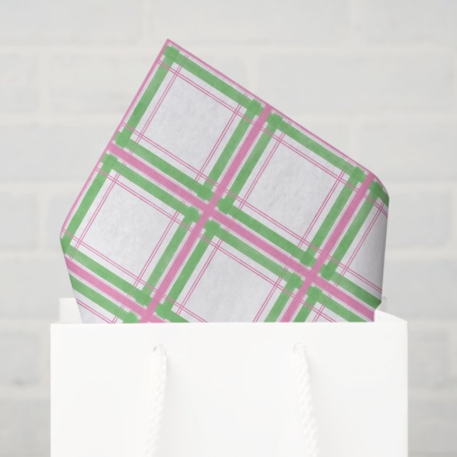 Papier Mousseline Motif Plaid rose, blanc et vert (Sac cadeau)