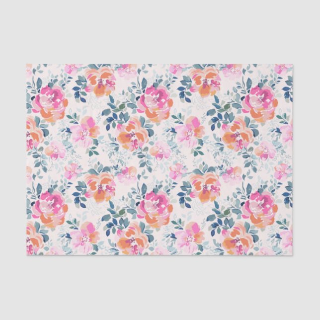 Papier Mousseline Motif rose et Turquoise (Recto)