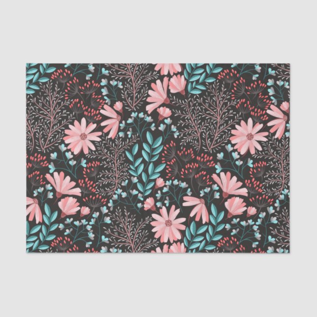 Papier Mousseline Motif rose et Turquoise floral foncé (Recto)