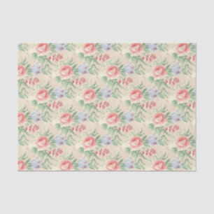 Papier Mousseline Motif rose vintage et fleurs bleues
