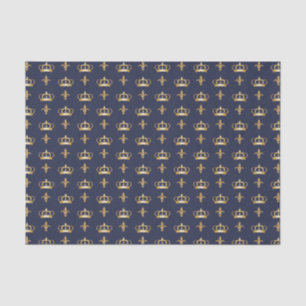 Papier Mousseline Motif Royal Crown et Fleur de Lis sur Blue