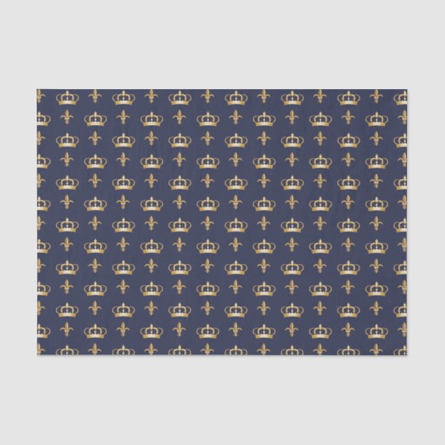 Papier Mousseline Motif Royal Crown et Fleur de Lis sur Blue (Recto)