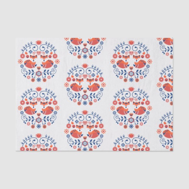 Papier Mousseline motif scandinave rouge et bleu de gens (Recto)