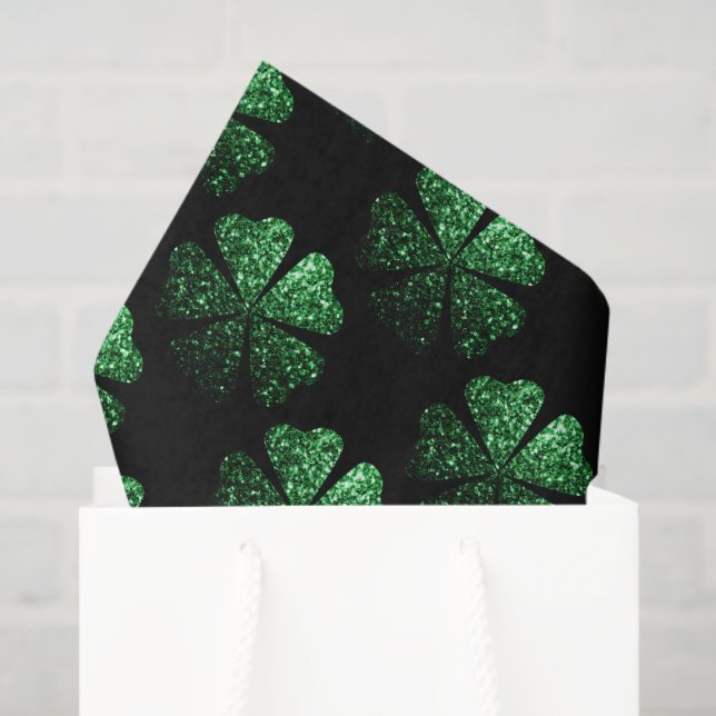 Papier Mousseline Motif Shamrock brillant vert foncé sur noir (Sac cadeau)