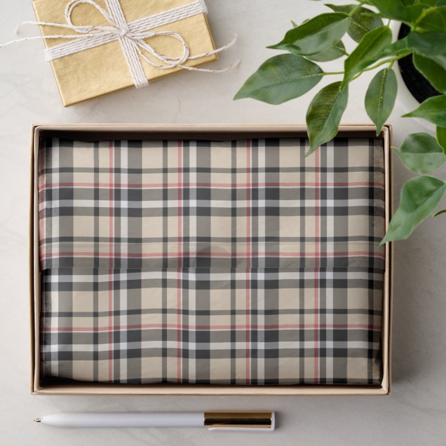 Papier Mousseline Motif Tartan Plaid Carré noir beige rouge (Cadeau)