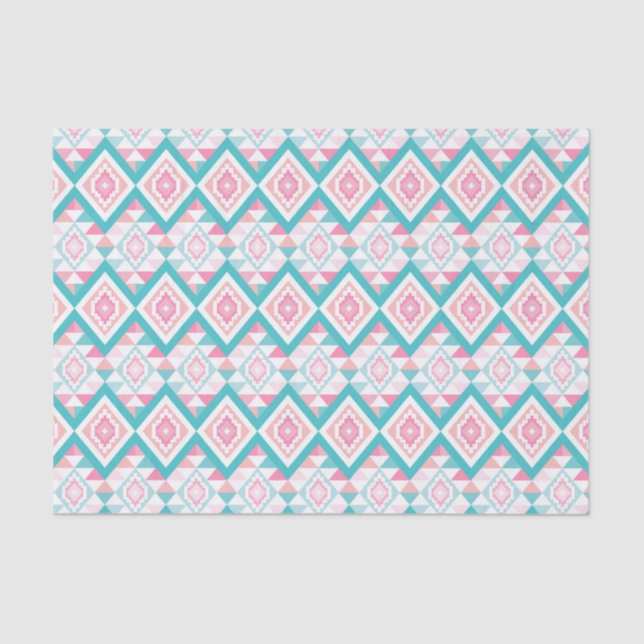 Papier Mousseline Motif turquoise et rose Boho Aztec (Recto)