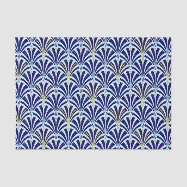 Papier Mousseline motif ventilateur Art déco - cobalt et bleu ciel (Recto)