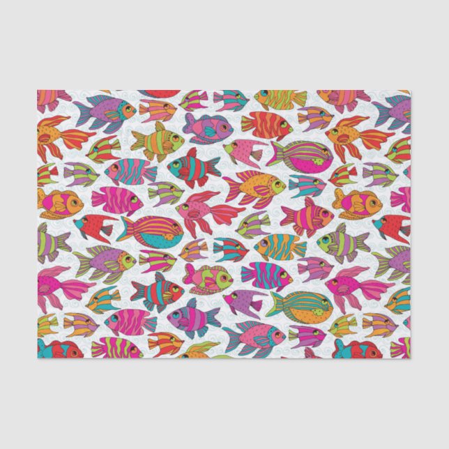 Papier Mousseline Motif vert turquoise rose poisson tropical (Recto)