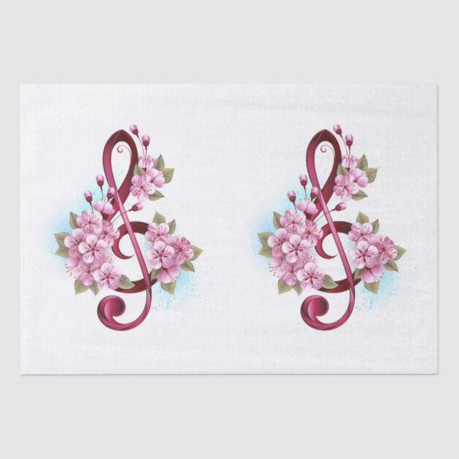 Papier Mousseline Musical treble clef notes with sakura flowers (Recto)