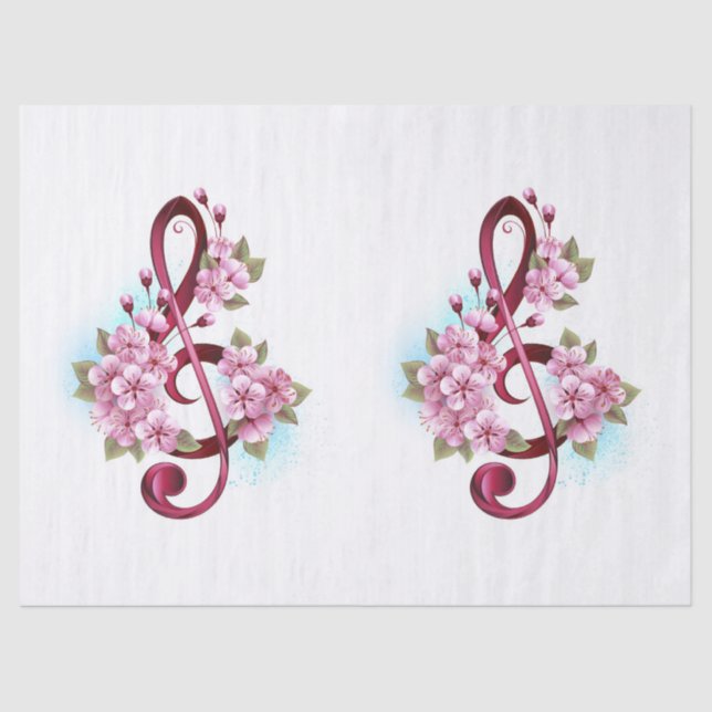 Papier Mousseline Musical treble clef notes with sakura flowers (Recto)