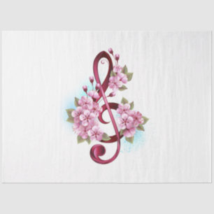 Papier Mousseline Musical treble clef notes with sakura flowers