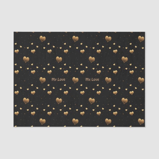 Papier Mousseline My Love Elegant Gold Hearts on Black (Recto)