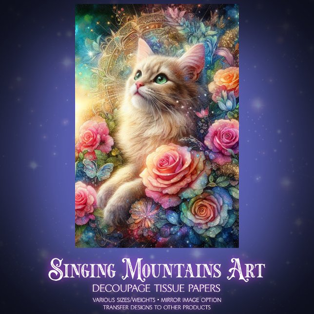 Papier Mousseline Mystical Rose Garden Cat Decoupage  (Créateur téléchargé)