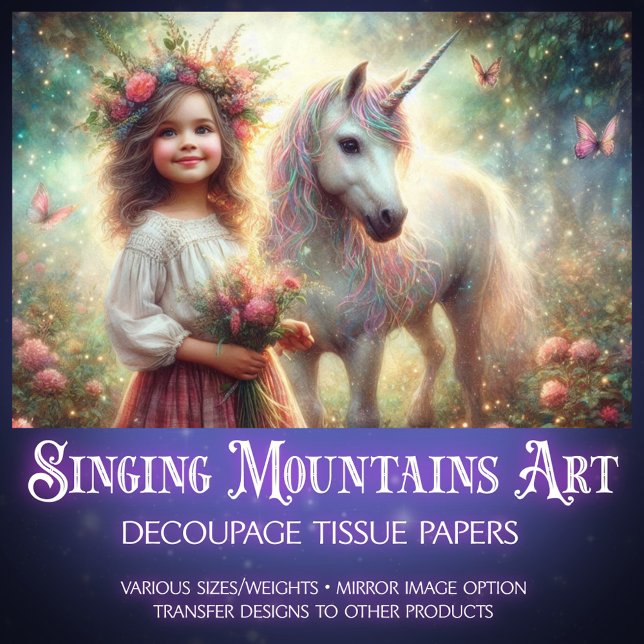 Papier Mousseline Mystical Unicorn & Girl Forest Scene Decoupage  (Créateur téléchargé)