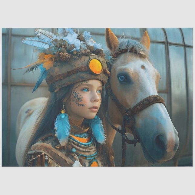 Papier Mousseline Native Girl With Horse In Nature (Recto)