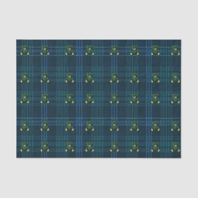 Papier Mousseline Navy Blue and Green Teddy Tartan Tissue Paper (Recto)
