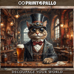 Papier Mousseline Noble chat steampunk avec lunettes et bière dans u