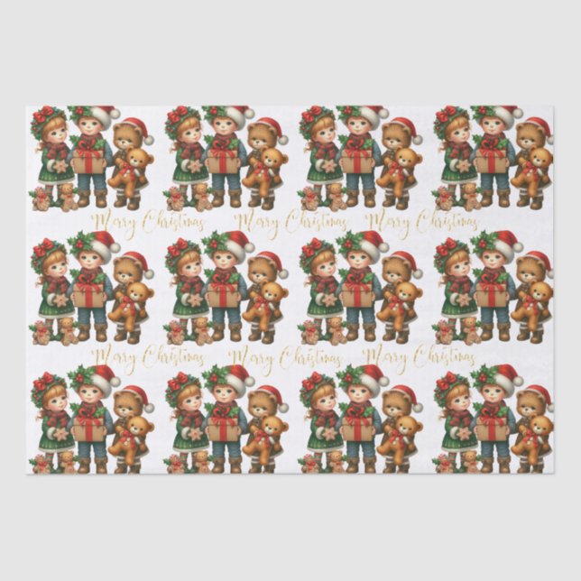 Papier Mousseline Noël Cadeaux Enfants Vintages Joyeux Noël (Recto)