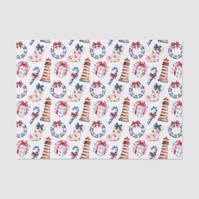 Papier Mousseline Noël côtier Bleu et Rouge Nautique (Recto)