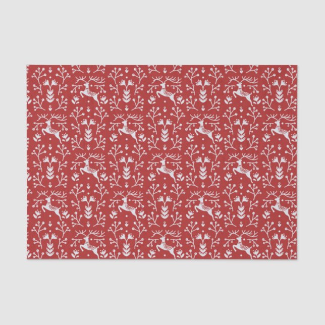 Papier Mousseline Noël floral des rennes blancs rouges scandinaves (Recto)