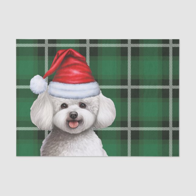 Papier Mousseline Noël Green Plaid et Bichon Frise Dog (Recto)