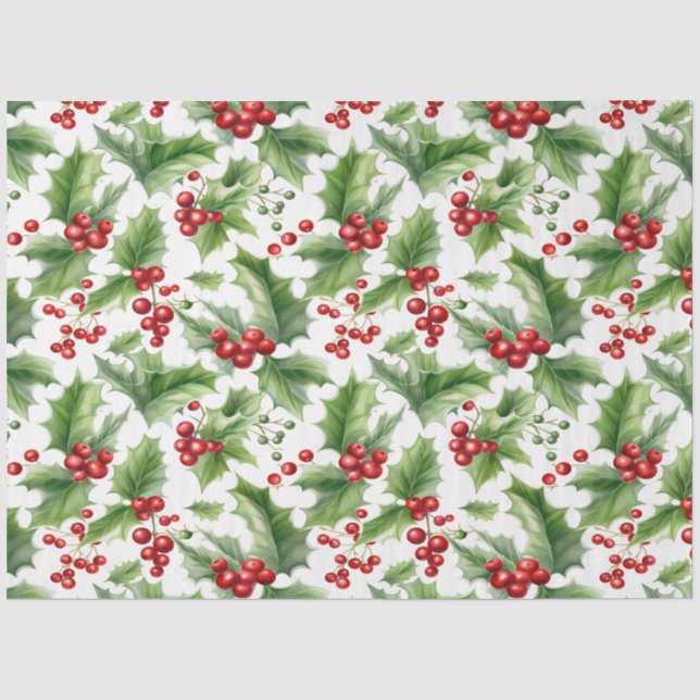 Papier Mousseline Noël Holly Feuilles Et Baies Rouges Sans Fil (Recto)