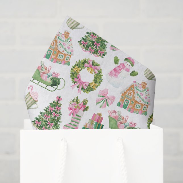 Papier Mousseline Noël rose et vert Preppy (Sac cadeau)