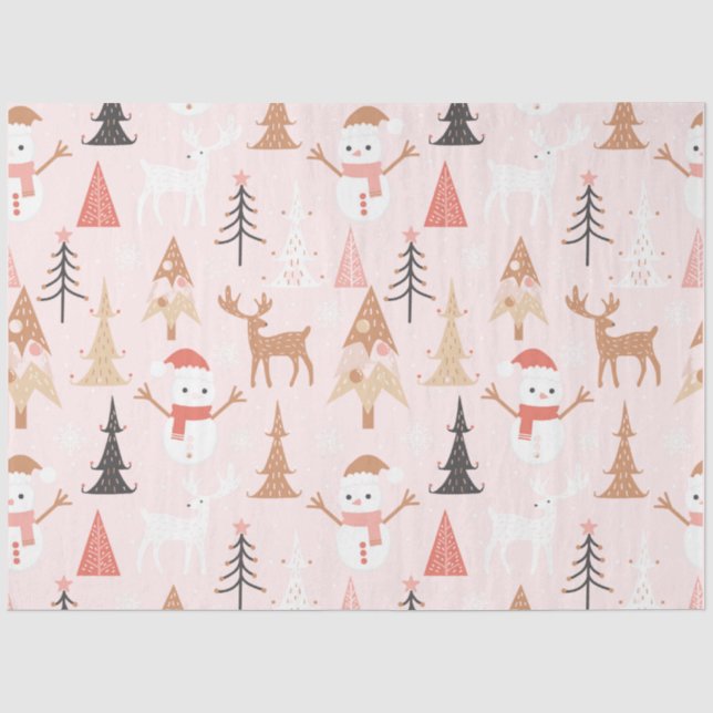 Papier Mousseline Noël rose mignon Arbre de Noël Snowman Reindeer (Recto)