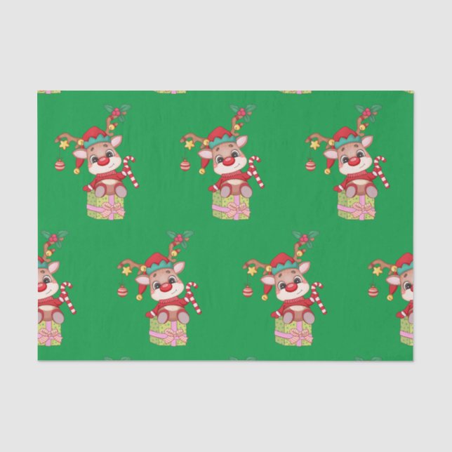Papier Mousseline Noël Rudolph Red Nose Reindeer assis Cadeau (Recto)