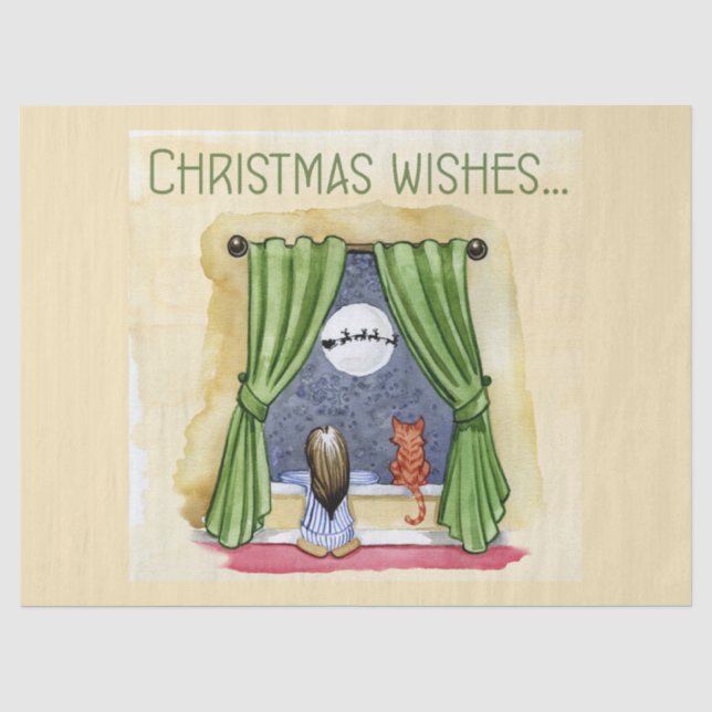 Papier Mousseline Noël Souhaite Mignonne Enfant & Kitty Chat Noël (Recto)