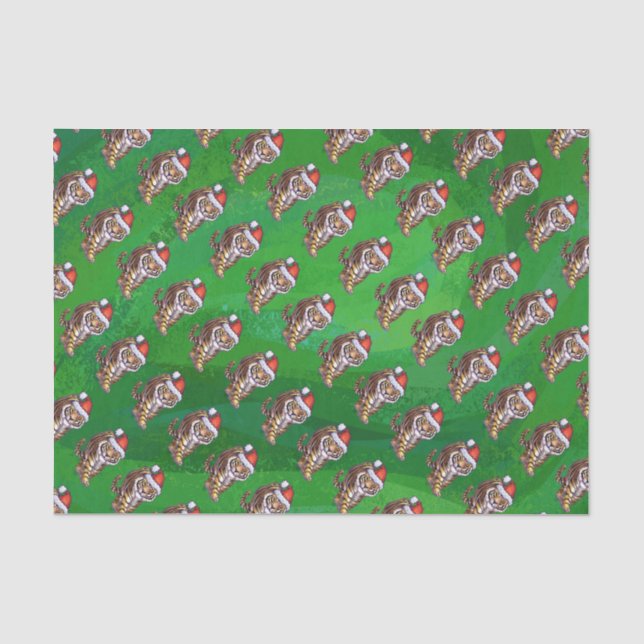 Papier Mousseline Noël Tigre Sur Vert (Recto)