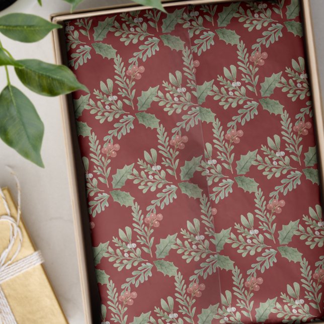 Papier Mousseline Noël Vacances Red Green Holly Berry Botanique (Créateur téléchargé)