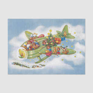 Papier Mousseline Noël vintage, le Père Noël vole un avion
